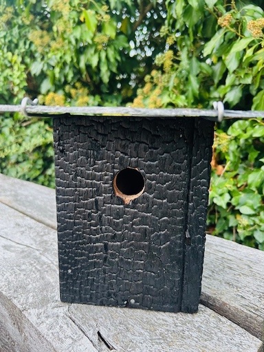 [NICHMELBR] Rustiek vogelhuisje van gebrand hout (lariks)